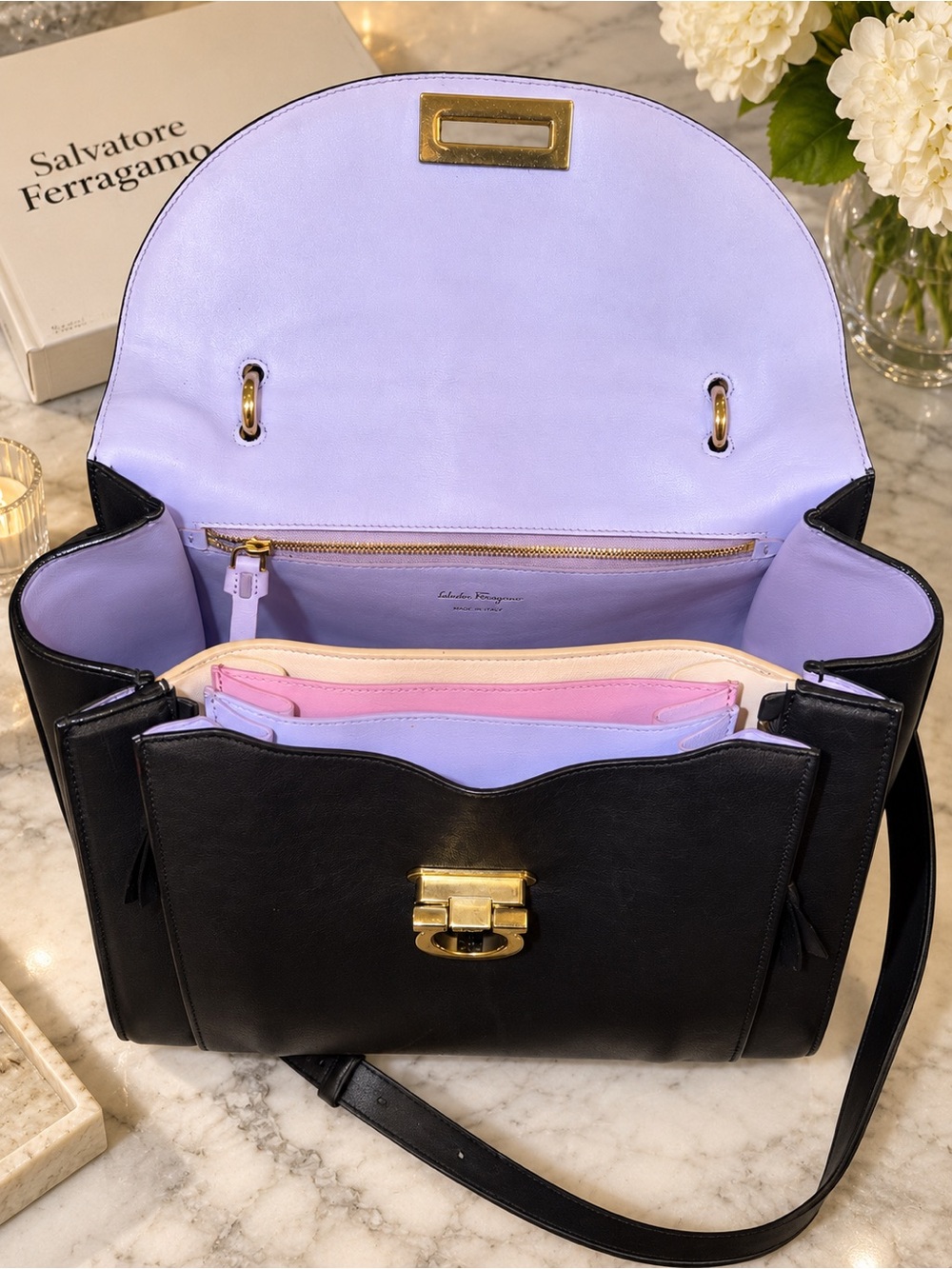 Salvatore Ferragamo Sofia Rainbow Black Leather Gancini Satchel Crossbody | COA